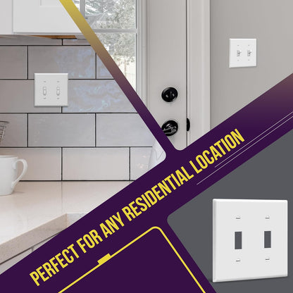 Double Toggle Light Switch Wall Plate, Size 2-Gang 4.50" X 4.57", Unbreakable Polycarbonate Thermoplastic, 8812-W-10PCS, White (10 Pack)