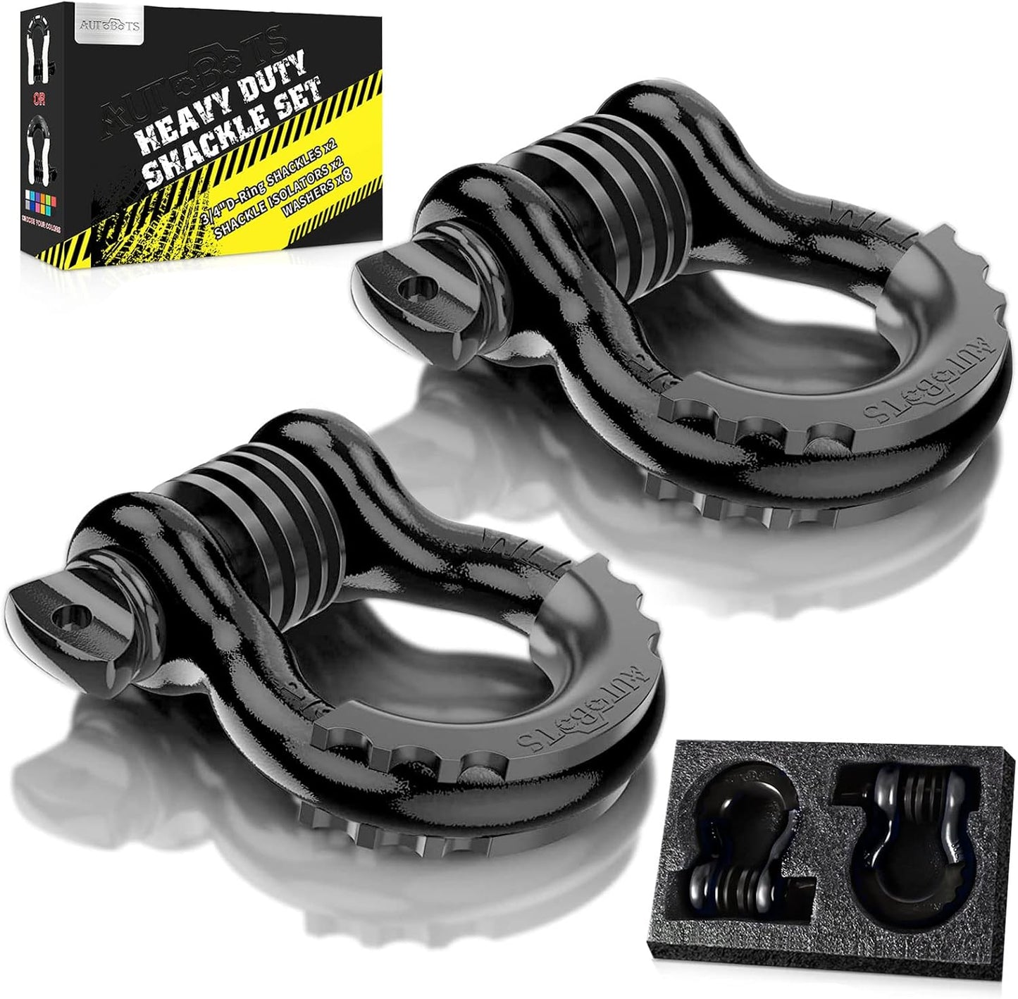 Bow Shackles 3/4" D Ring Shackle (2 Pack), 48,000Ib Break Strength with 7/8" Pin, 2 Isolator and 4 Washers Kit for Offroad Vehicle Truck Recovery Black