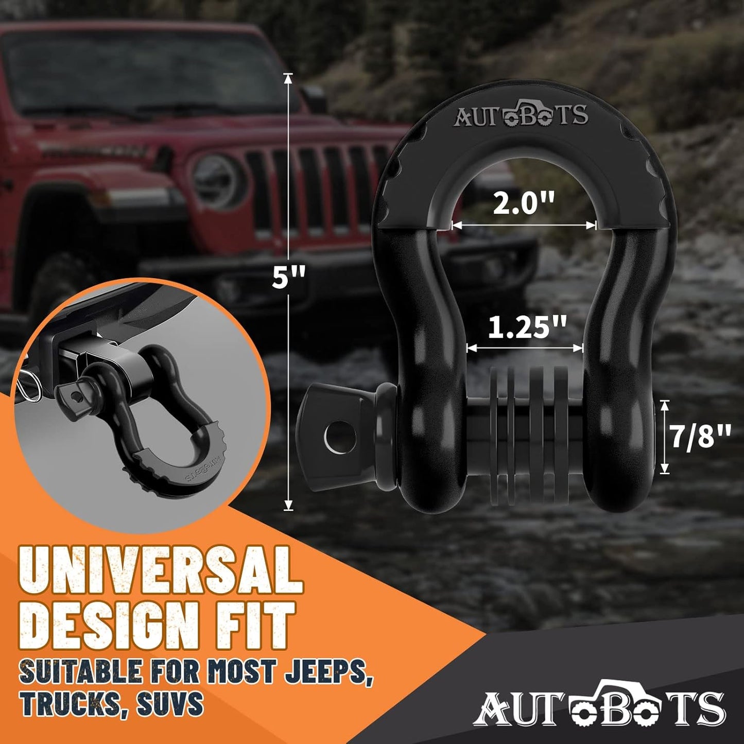 Bow Shackles 3/4" D Ring Shackle (2 Pack), 48,000Ib Break Strength with 7/8" Pin, 2 Isolator and 4 Washers Kit for Offroad Vehicle Truck Recovery Black
