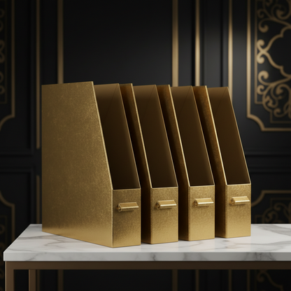 | Gold Cardboard Magazine File Holder Set of 4 | Vertical Magazine File Holder for Shelves | Standing File Holder Desk Organizer